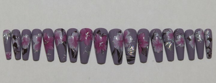 Lavender with Pink Flowers- press on nail set- Set of 18 Ex-long Ballerina