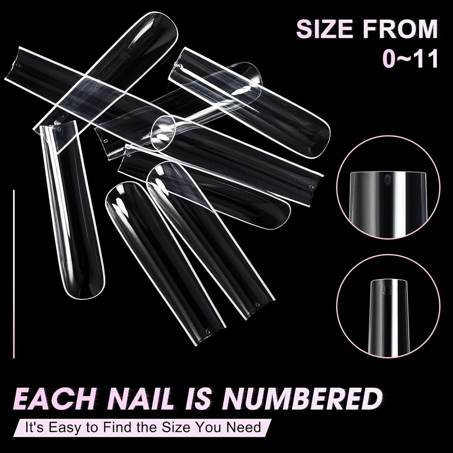Nail Tips Full Cover Clear Square Acrylic Fake Nails Set 240PCS 12 Sizes Boxed