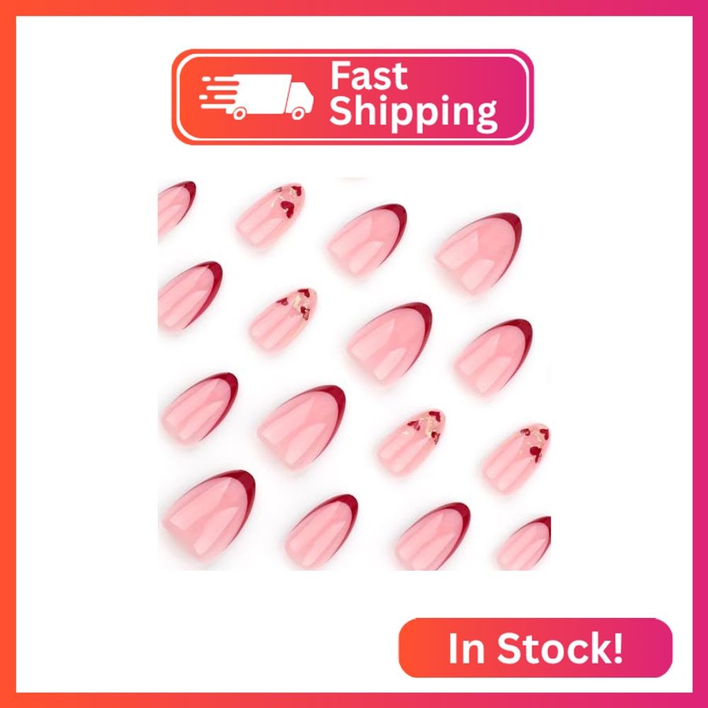 Almond Valentines Press on Nails Red Heart Fake Nails – SINSEN Red French Tip Pr