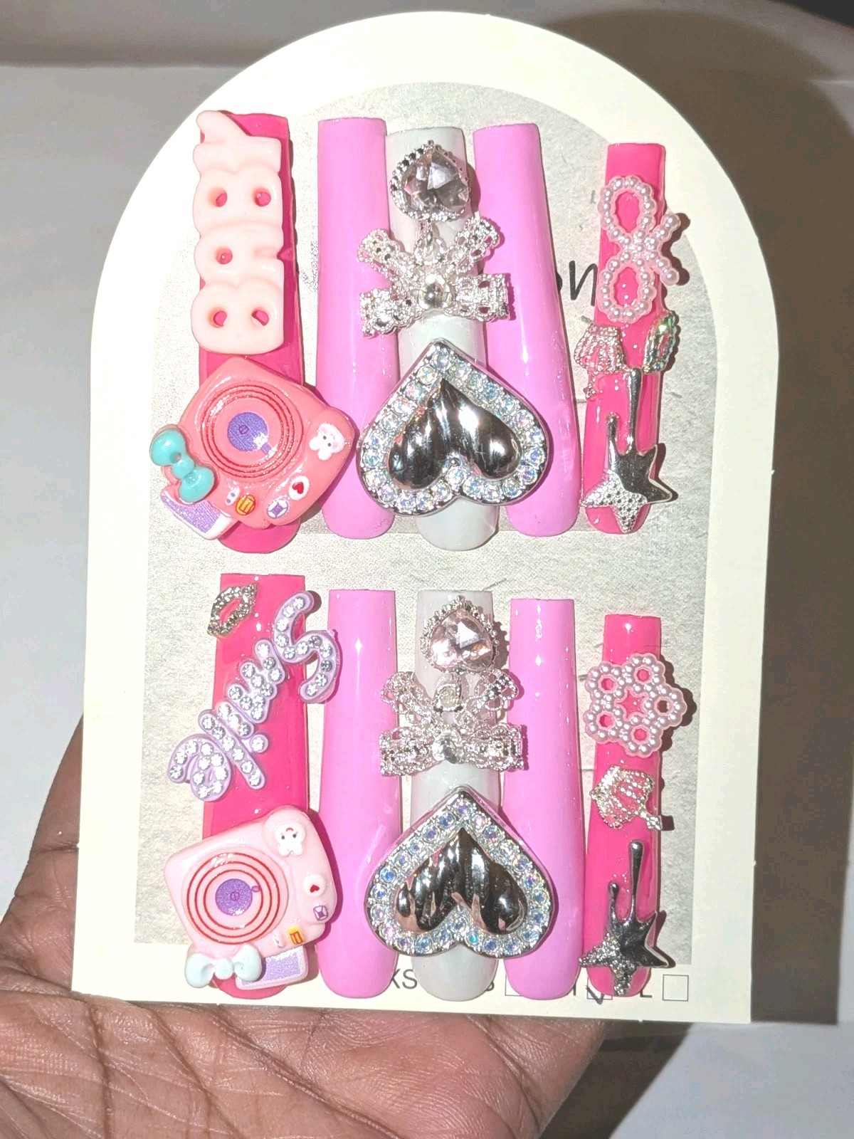 Handmade 3xl Acrylic Pink Rhinestone Heart & Bow Decorative Press-On Nails Sz L