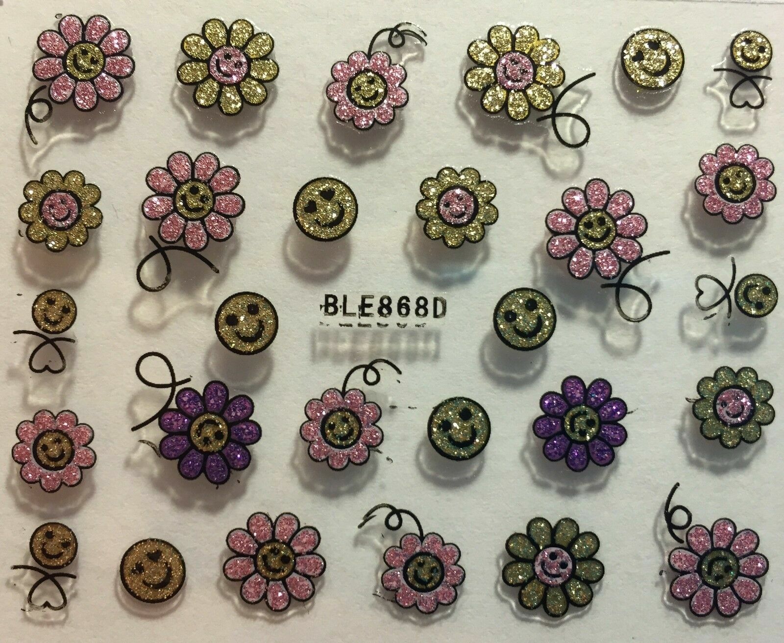 Nail Art 3D Glitter Decal Stickers Gold Pink Flower Smiley Faces BLE868D