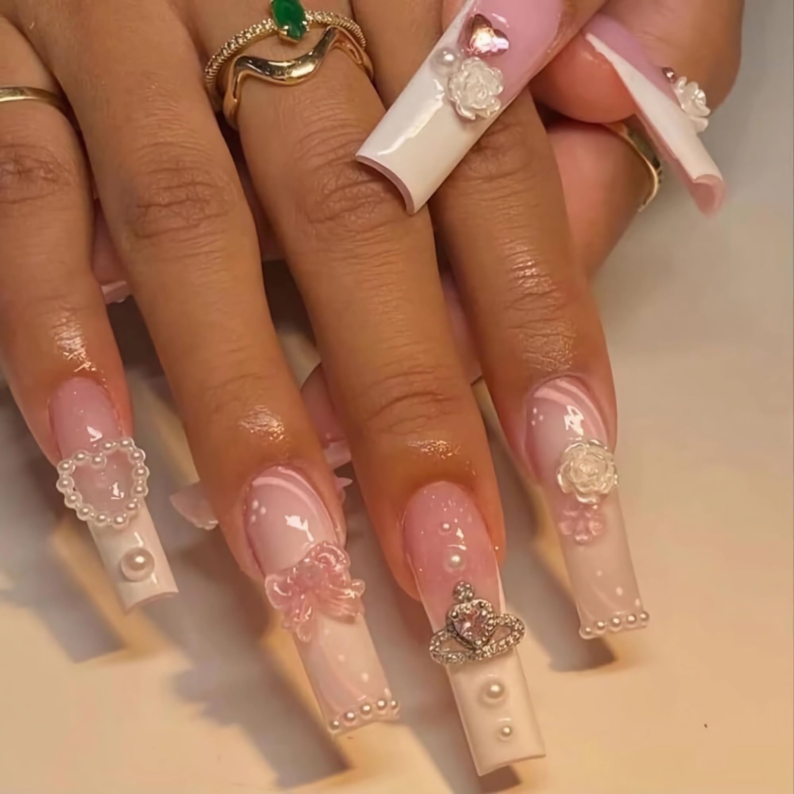 Pink White French Tip Press On Nails, 3D Flower Bow Rhinestone Glitter Design