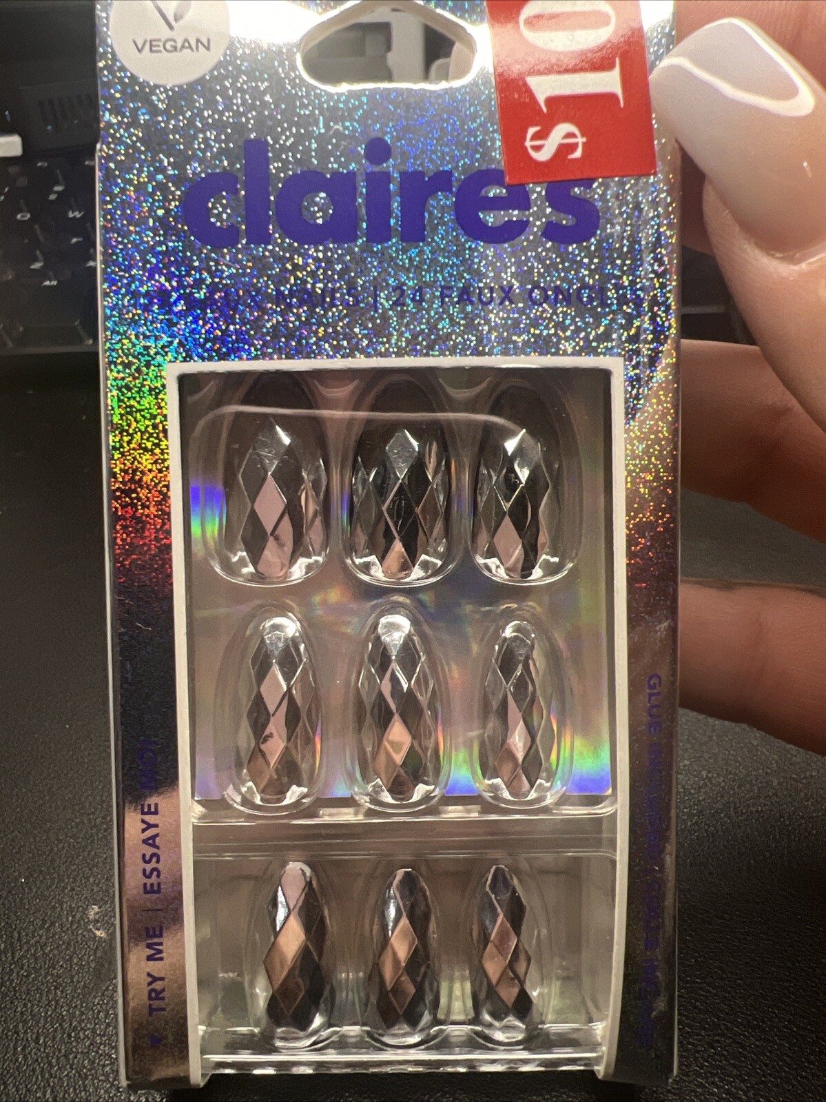 24pc Claire’s Fake False Glue On Silver Metallic Geometric Medium Almond Nails
