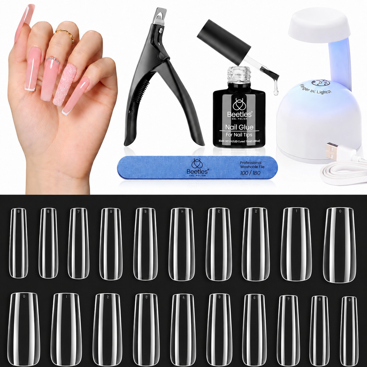 Beetles Gel Nail Kit Extension Set, 240 PCS Long Square with Glue & UV Lamp