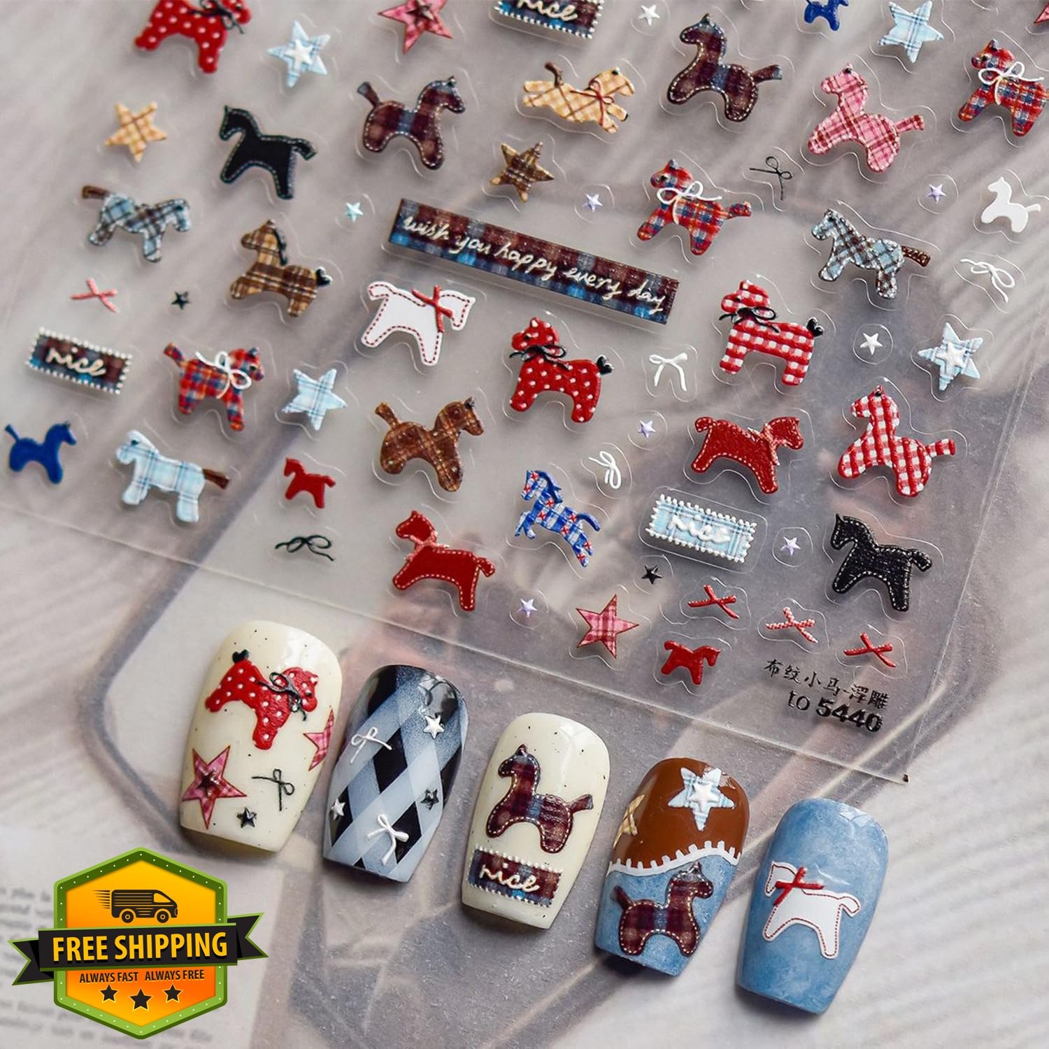 Cute Horse Nail Art Stickers Embossed 5D Bow Star French Manicure Decals