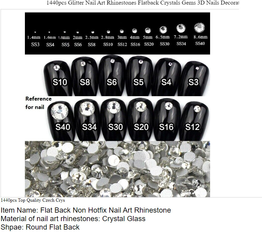 1440pcs Glitter Nail Art Rhinestones Flatback Crystals Gems 3D Nails Decoration
