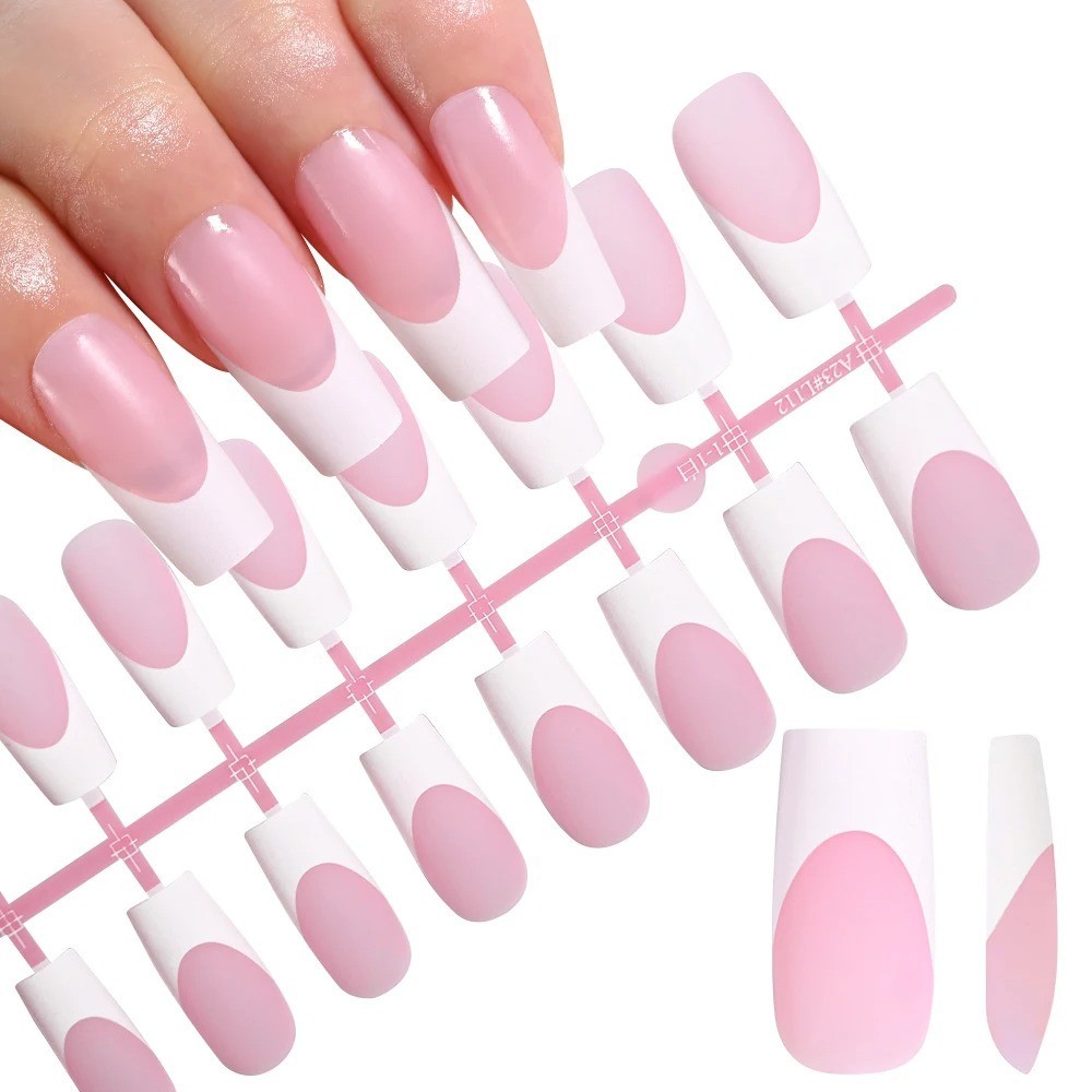 120PCS Medium Long Square Press On Nails French Tip Full Cover Acrylic False Nai