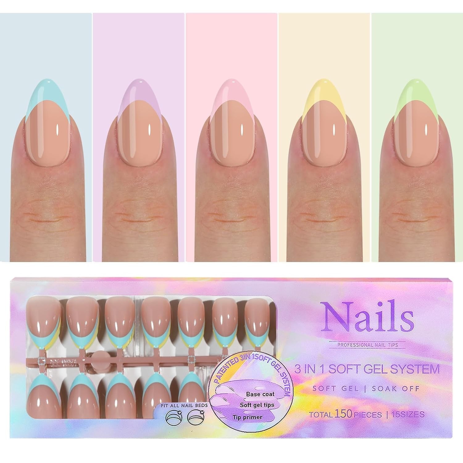 French Tips Kit 150/240 Piece 15 Sizes 3 in 1 Soft Gel Soak Off Nail Extensions