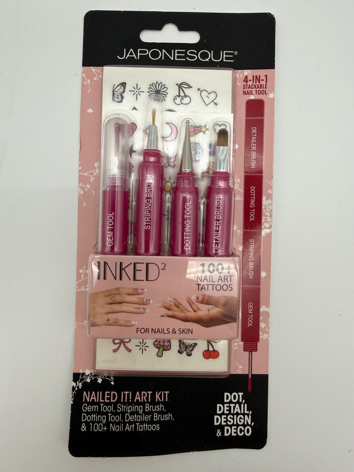 JAPONESQUE Nailed It! Nail Art Kit Gem Dot Strip Detail Brush Tattoos New