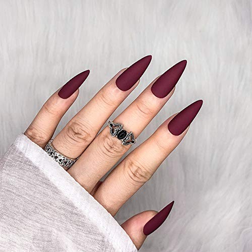 24pcs Fake Nails Matte Pure Color Medium Long Stiletto Almond Press Wine Red