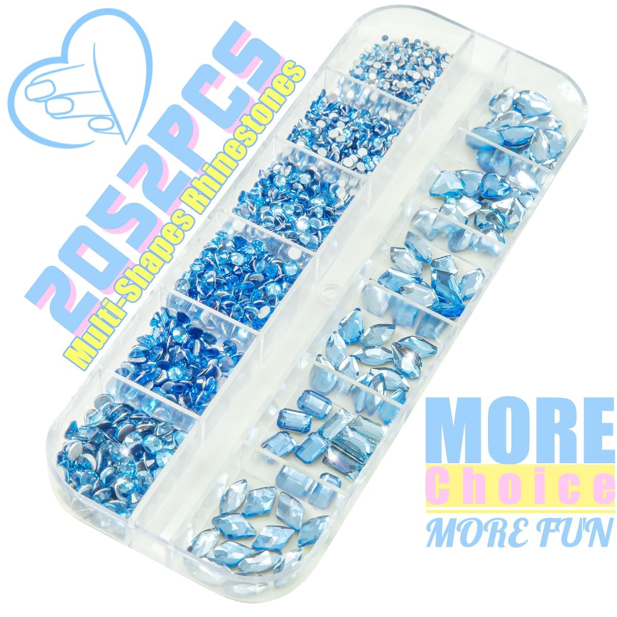 2052Pcs Light Blue Nail Rhinestones Baby Blue Big Gems 72 Multi Shapes K9 Glass