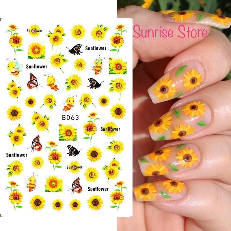 3D Nail Art Sticker 63 Sunflower Butterfly Floral Decals Manicure Peel & Stick
