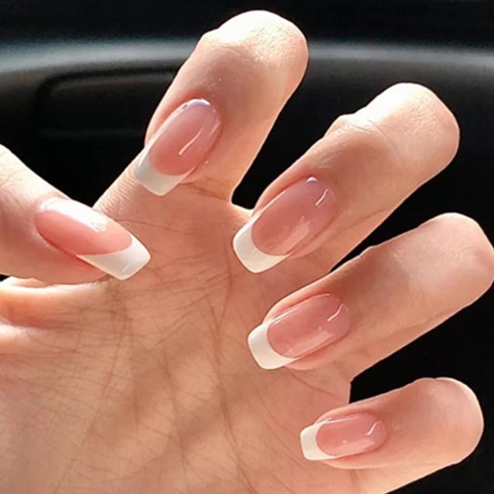 White French Tip Press on Fake Nails Medium Square Nail Press ons Nude False …