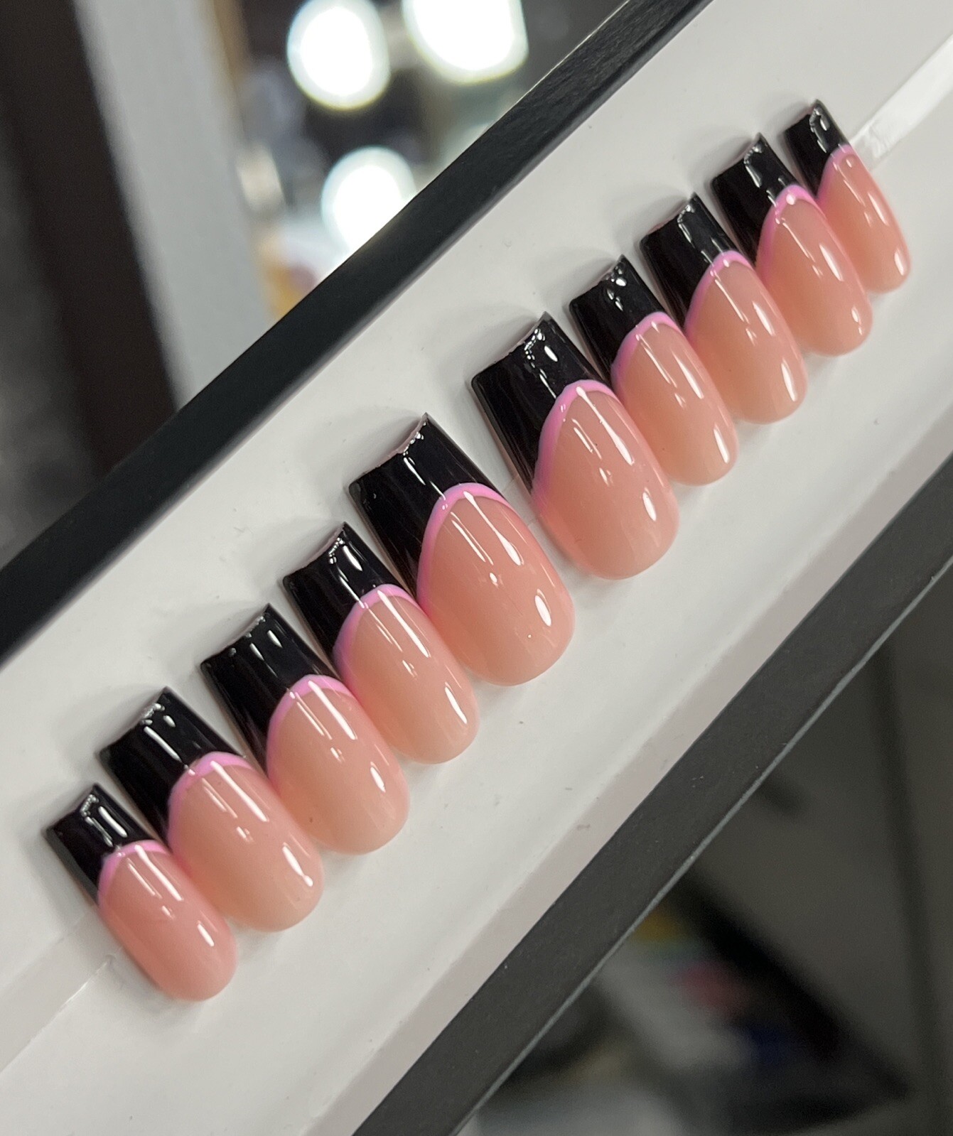 🩷🖤 CUSTOM Press On Nails FRENCH BLACK PINK BLING 10p SET W Kit