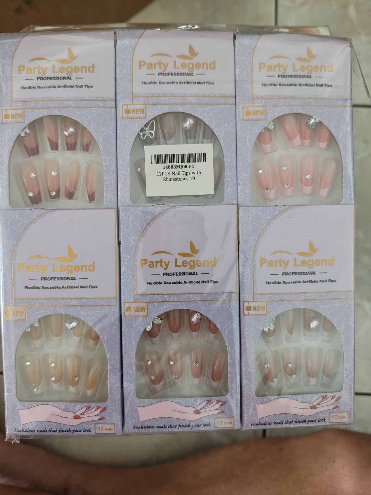 Party Legend Press-On Nails Pink/Nude Long Coffin Acrylic Rhinestone Butterfly