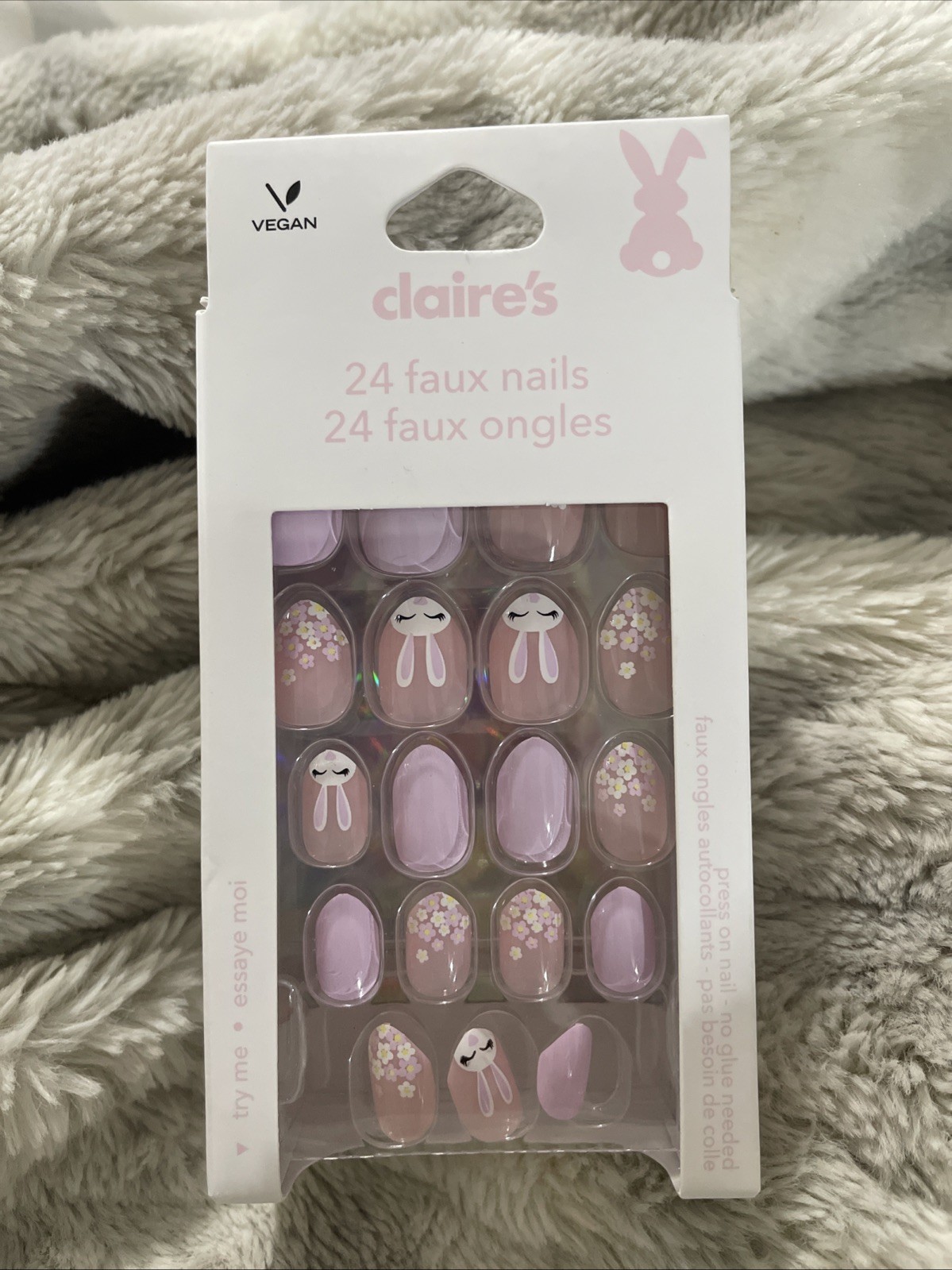 Claire’s Girls Faux Nails Easter Bunny Pink Floral 24ct Vegan Press On Nails