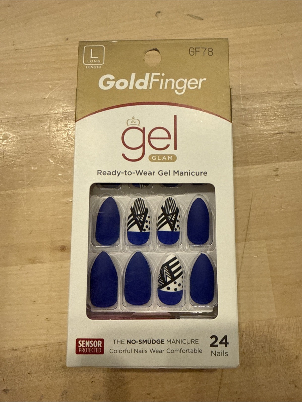 Kiss Goldfinger Gel Glam Blue Stripe Pattern Long Glue On Nails