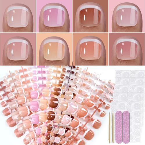 216Pcs Press on Toenails French Tips Toe Nails 1 Fl Oz (Pack of 216) Style-2