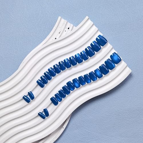 Royal Blue Cat Eye Press on Nails Short, 30 Pcs 15 Sizes glass royal blue
