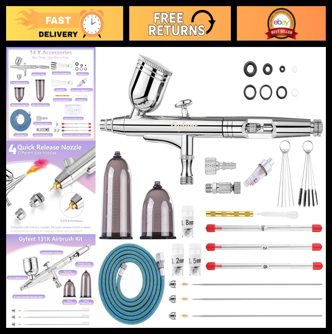 Airbrush Kit with 4 Nozzle Sets (0.2/0.3/0.5/0.8mm) – Dual-Action Gravity Feed f