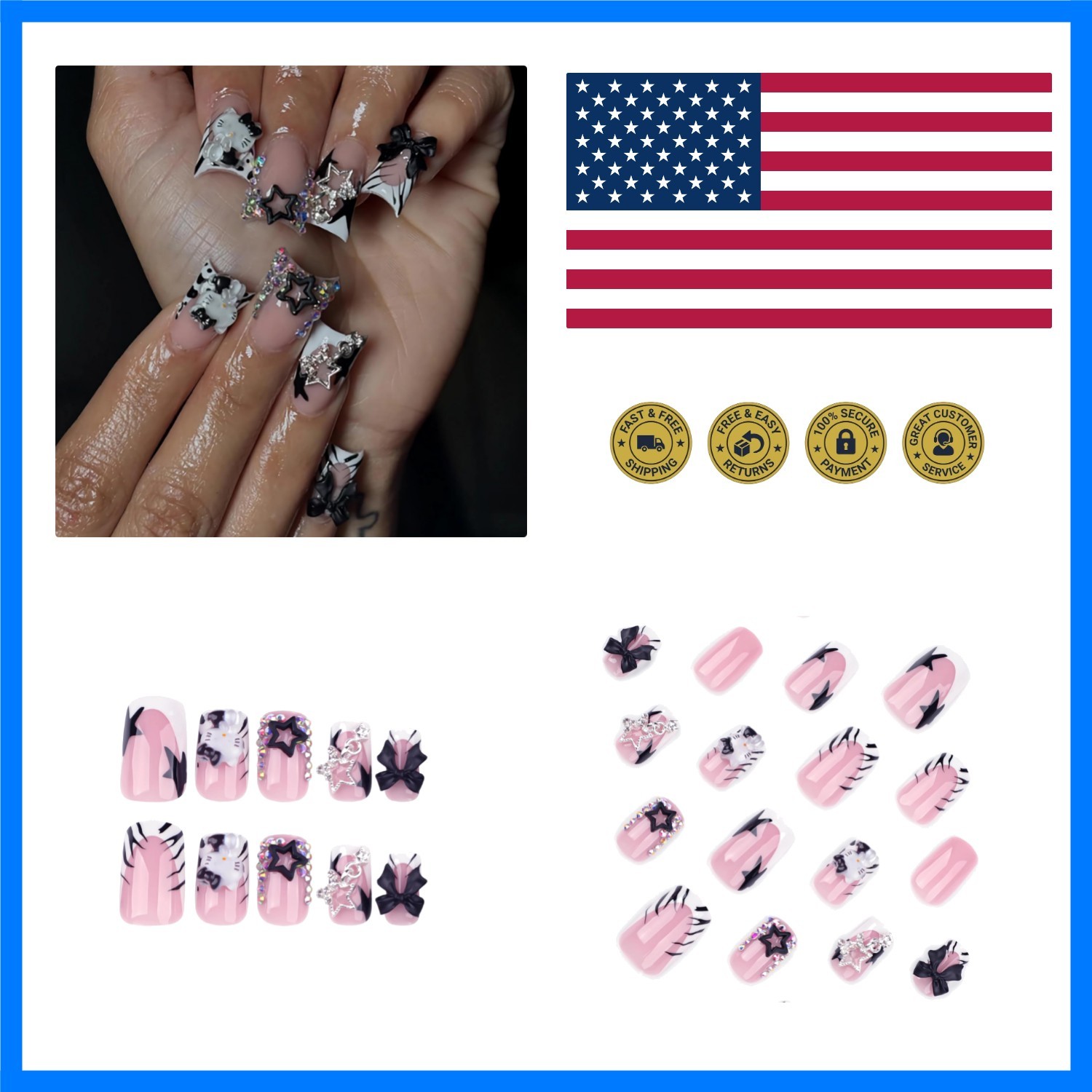 French Tip Press on Nails Short Square Fake Nails with Bow Charms Designs Bla…