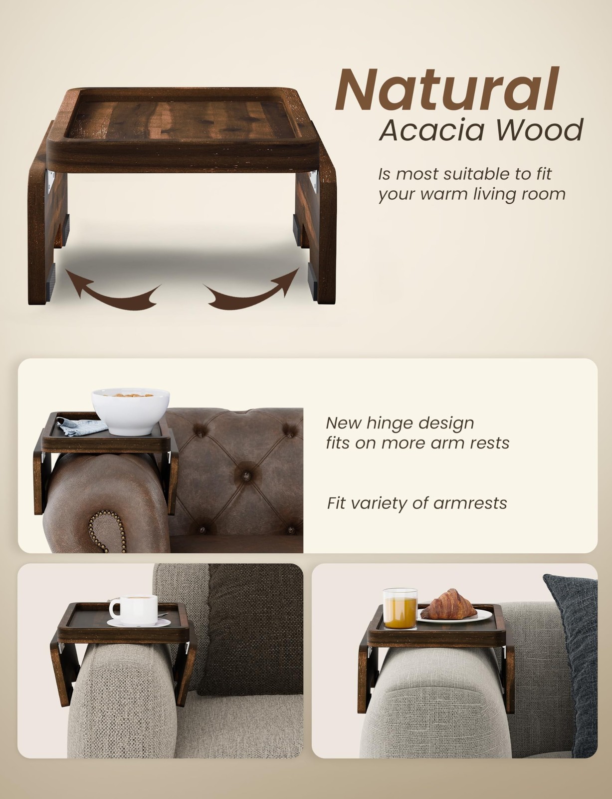 HOLANA Acacia Couch Armrest Table with 360° Rotating Phone Holder, Wooden C
