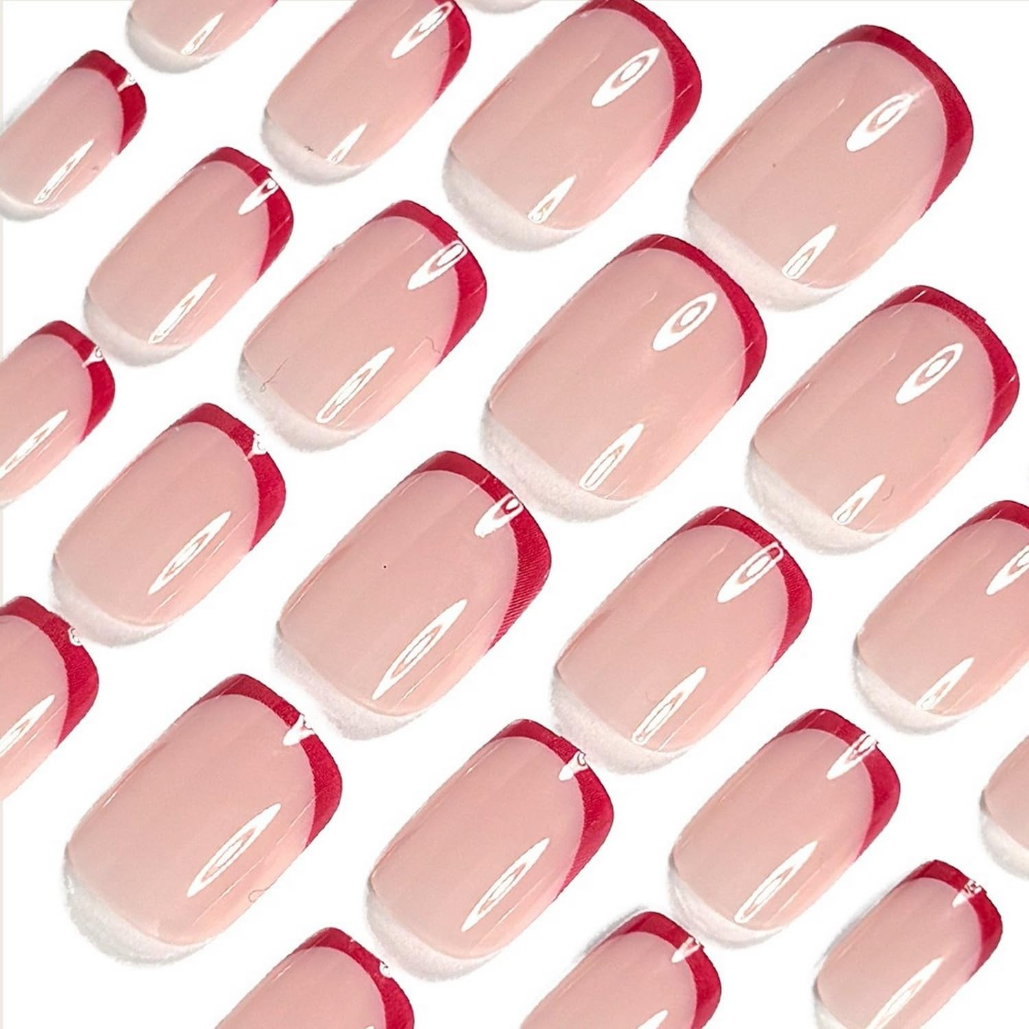 Red French Tip Press on Nails Short Square Petite Fake Nails Reusable False N…