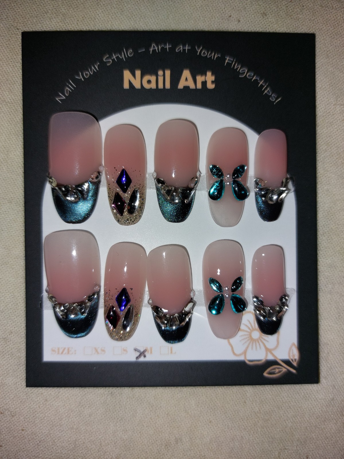 handmade press on nails Round/Almond Shape Size Medium With 3-D Jewels. Lot Of 4