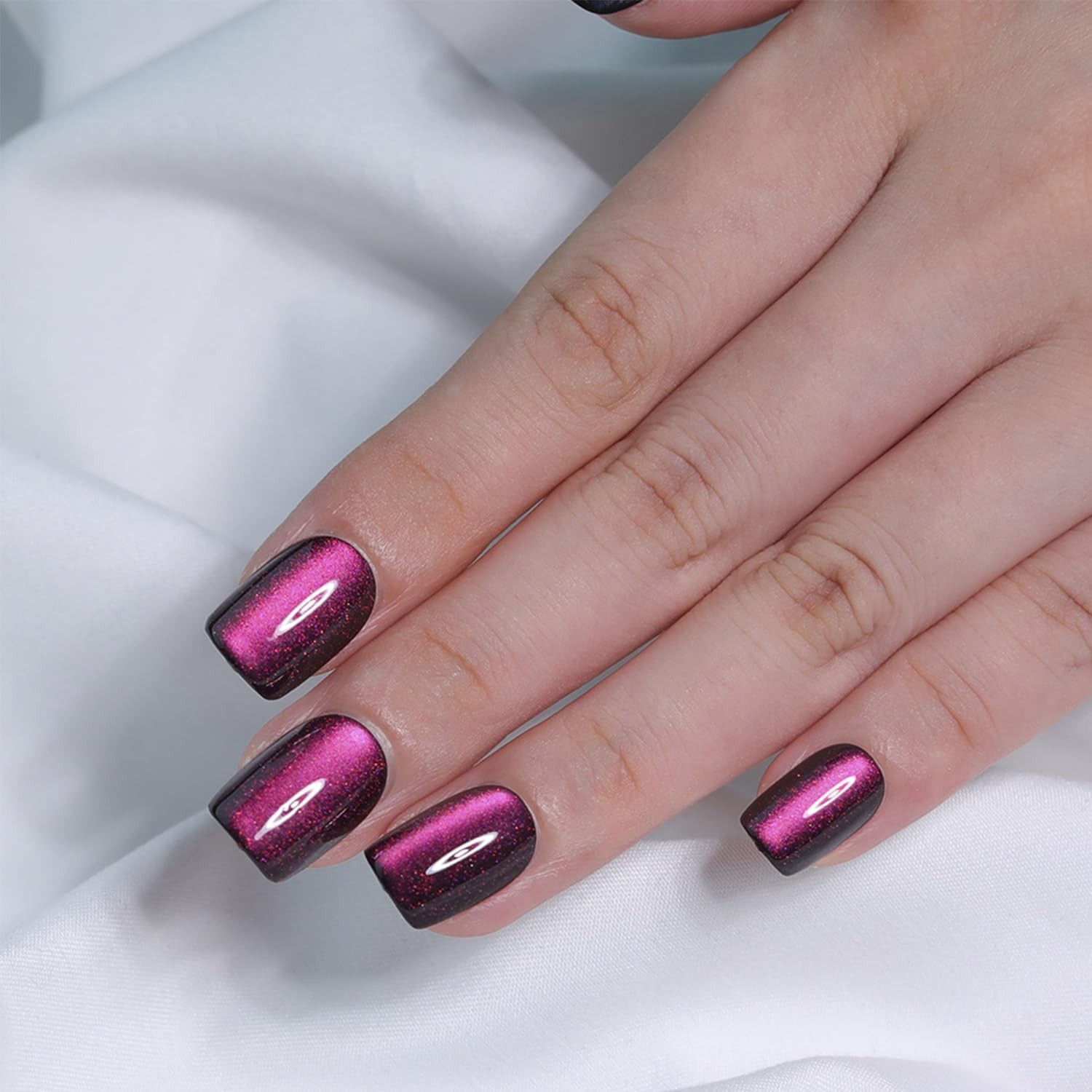 Purple Burgundy Cat Eye Press On Nails Short Square Soft Gel Fake Nails Reusa…