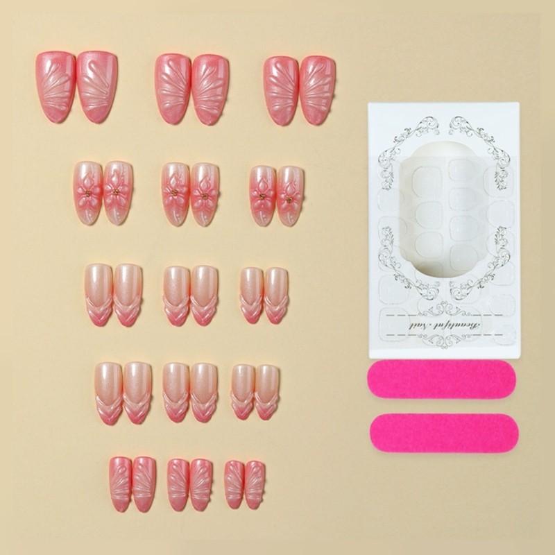Pink Gradient Press On Nail with 3D Flower Almond Shape False Nail 30Pcs/Set