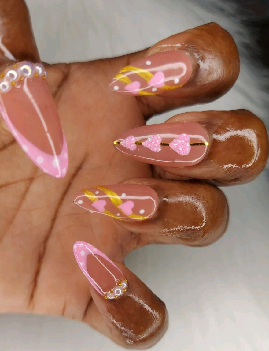 Pink White And Gold Nails, Pink Heart Coquette Nails, Custom Prom Wedding Nails