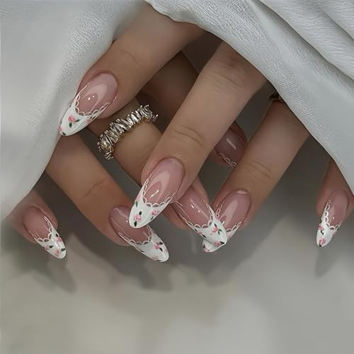 Press on Nails Almond Medium Length Glossy Full Cover Acrylic White French