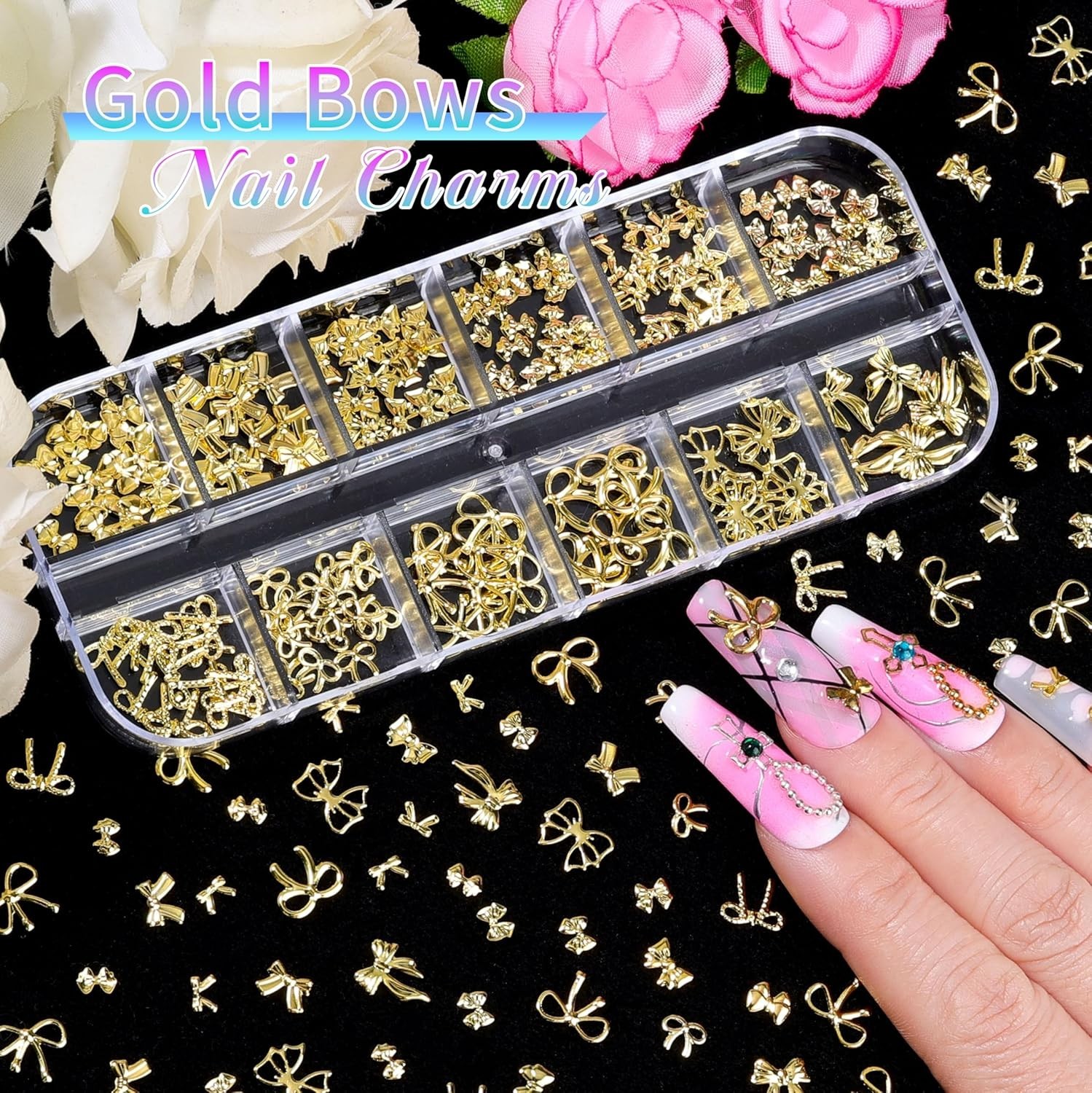 Compatibility Nail Art Charms Kit 5 Boxes Gold Silver Metal 3D Studs Stickers…
