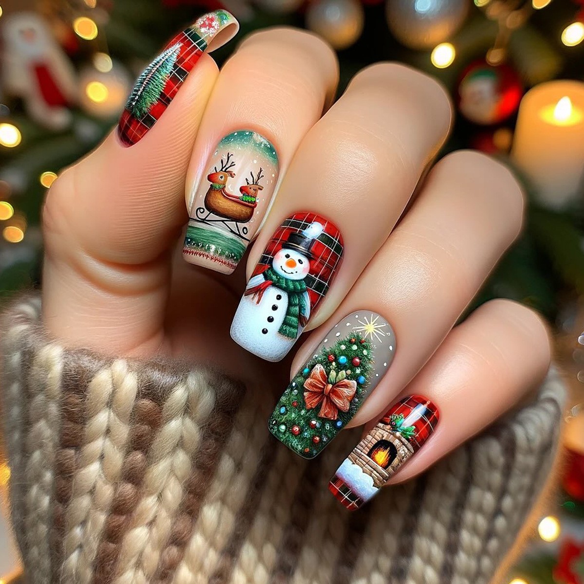 216pcs Christmas Press on Nails Santa Snowman Reindeer Festive False Nails 9Pack