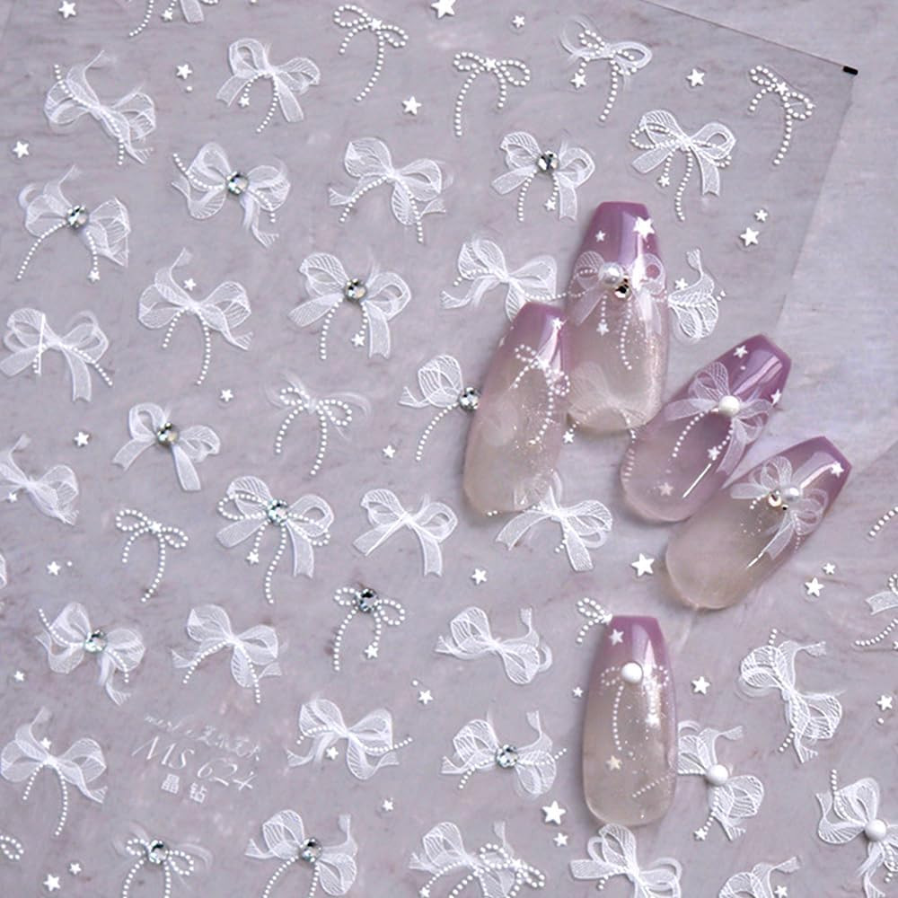 White Lace Bow Nail Stickers for Nail Art Supplies Cute Nail Bows Ribbon