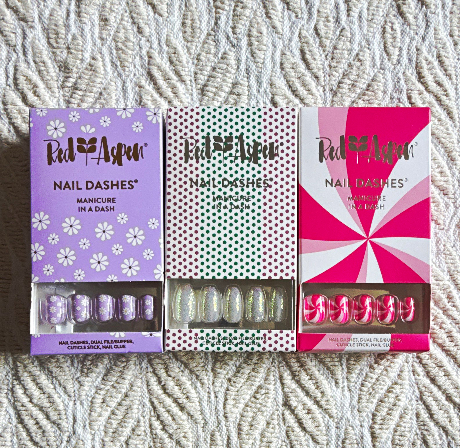 Red Aspen Nail Dashes Press-On Nails Lot of 3 Pre-Designed Glue Incl