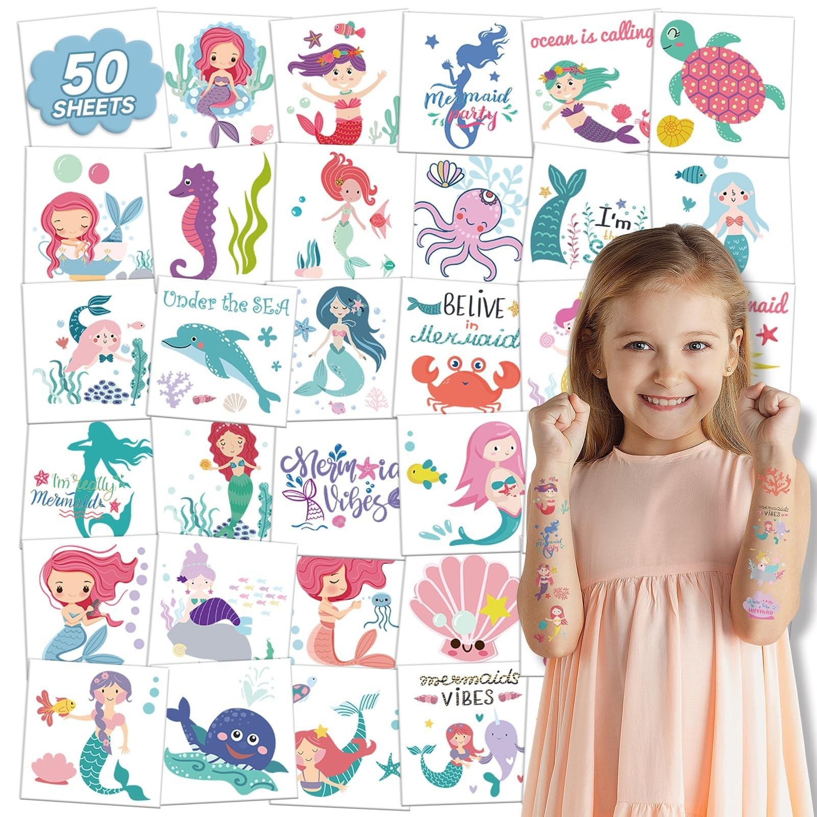 EMOME 50 Sheets Mermaid Tattoos for Kids Girls, Individually Wrapped Temporar…