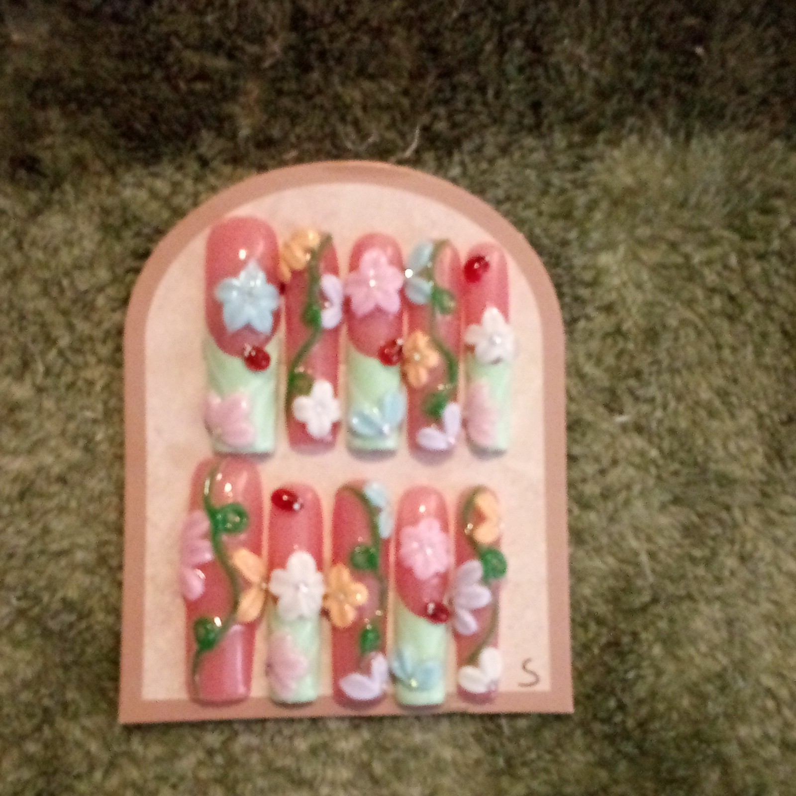3D Shiny Press-On Nails Pink Green Multicolor Long Coffin Flower Full Cover