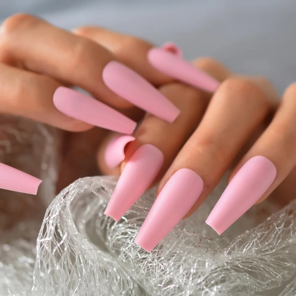 24 Extra Long Powder Pink Press on nails kit w glue Matte Light Pale Pastel Baby