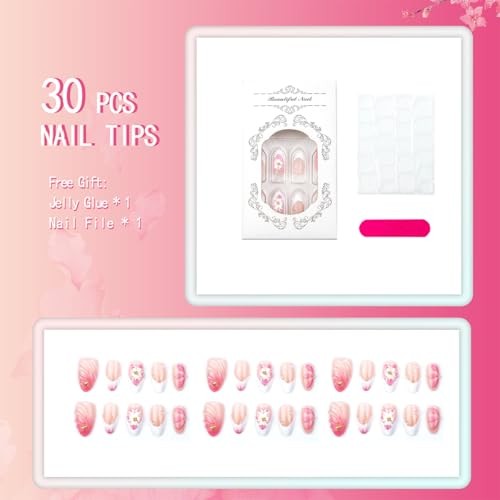 30Pcs Pink Press on Nails Almond Medium French Tip Fake 3D Flower Nail Art – 6