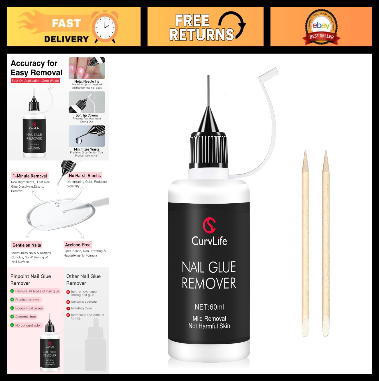 Gentle Non-Acetone Nail Glue Remover 60ml for Press-On & Gel Nails Tips