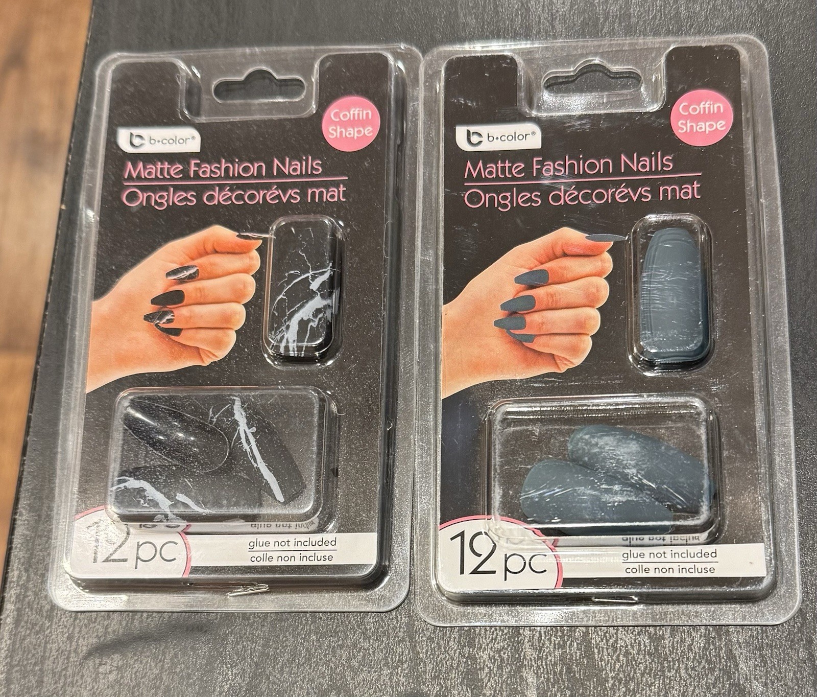 BColor Matte Coffin Shape Fake Nails 12 Pc Black With gray Marble And Dark Green