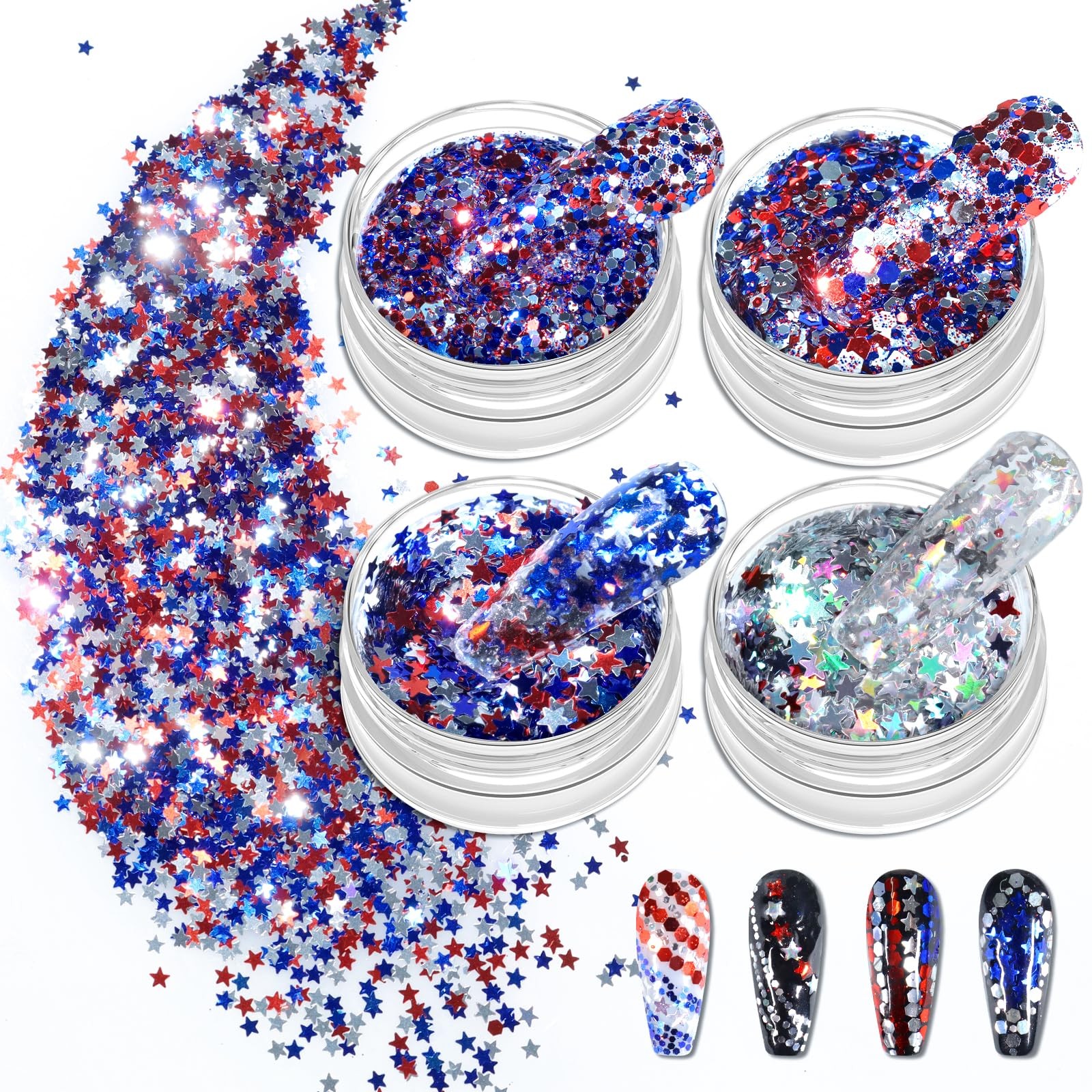 Nail Glitter 4Pcs Holographic America’s Patriotic Nail Art Glitter Sparkly Re…