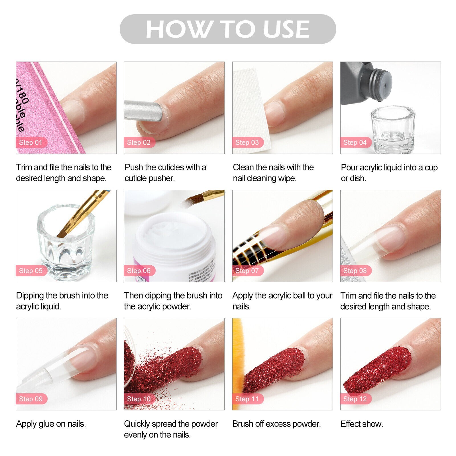 21 Nail Kit Acrylic Powder Glitter Beginner Art Manicure Tool Tips Brush Set