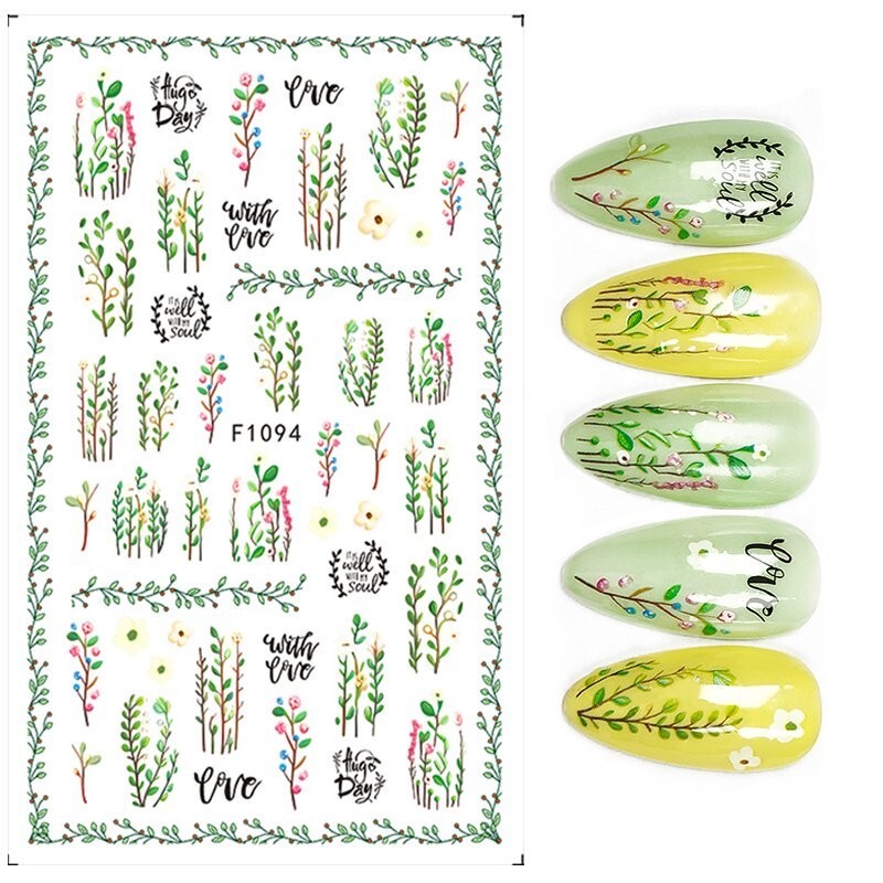 Green Leaf Branch Flower Branch Heart Love Nail Sticker Tree Branch Leaves