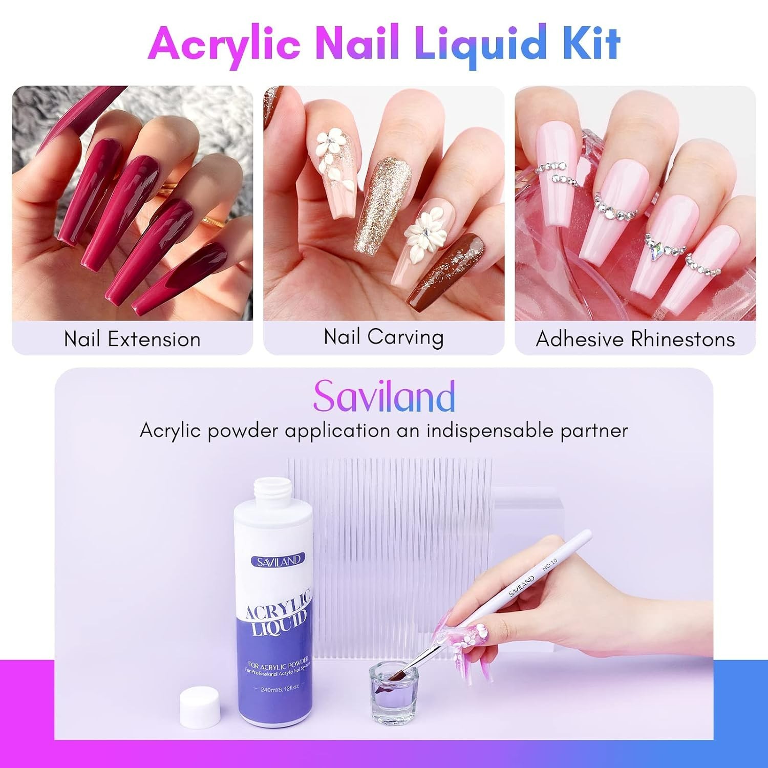Professional 8oz Acrylic Nail Liquid with 3 Brush Set – Smooth & Chip Resistant