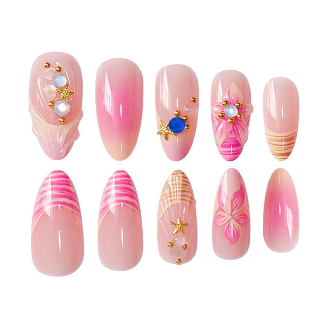 Pink Gradient Carved Shell Star INS Style Sweet Press On Nails Wholesale