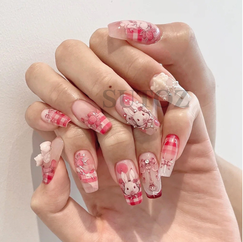 Nail Art Cute Girl Pink Bunny Animal Ribbon Sticker Rabbit Flower Manicure NH21