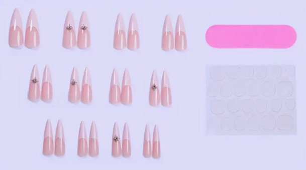 24 Pieces Press-on Nails Long Pink Pointed w/French Tips & Silver Charms