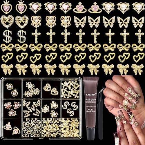 12 Grids Gold Nail Charms Kits Crystal Heart Nail Charms Sparkly Dollar Pink